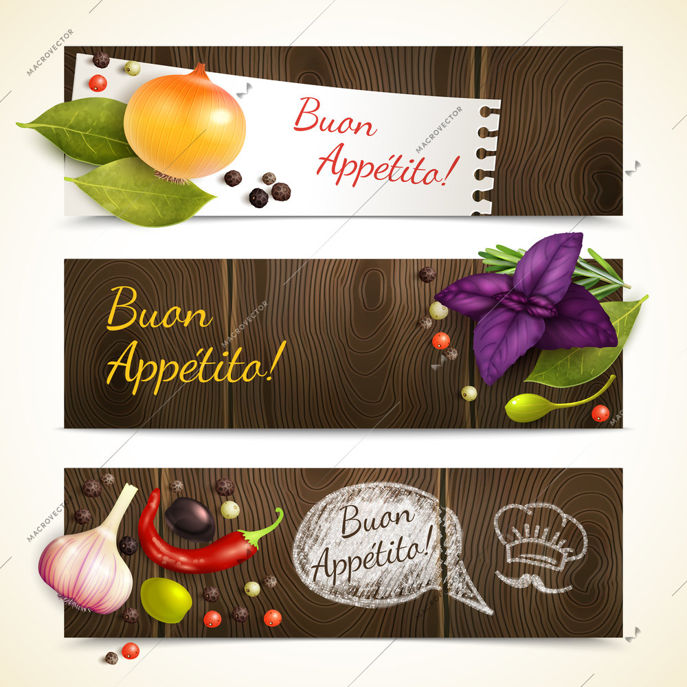 Herbs and spices culinary ingredients banners with Enjoy your meal title horizontal isolated vector illustration