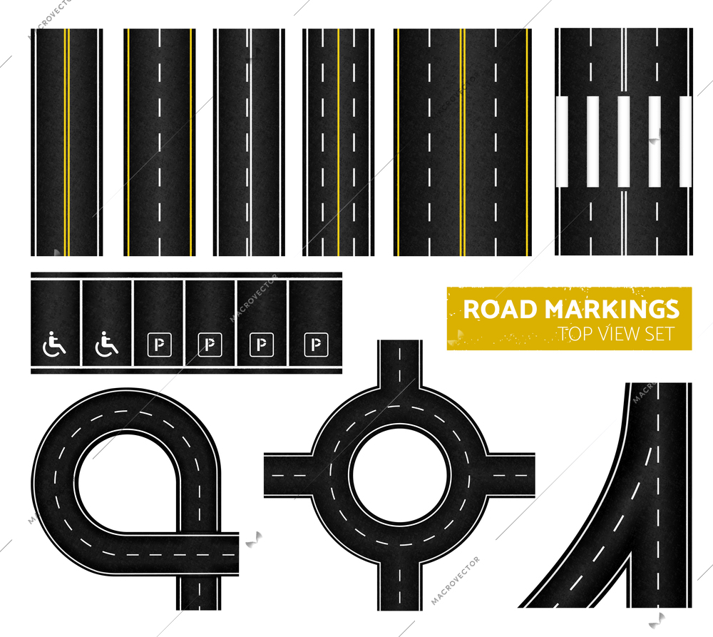 Black road markings top view icon set with different marking white and yellow vector illustration