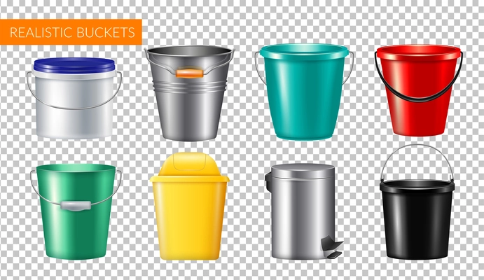 Realistic buckets transparent icon set with champagne metal bucket plastic and trash can vector illustration