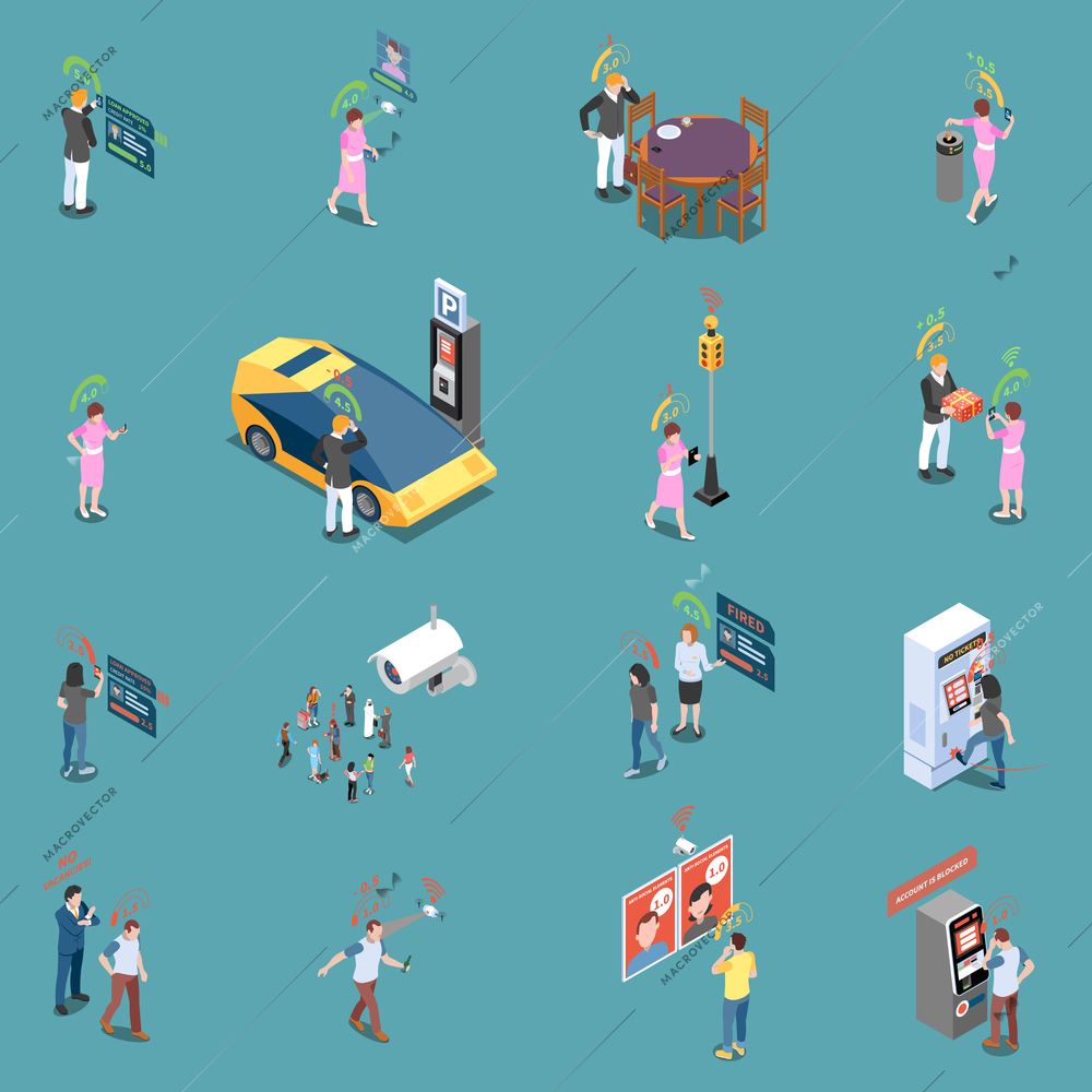 Social credit score system isometric icons collection with isolated items and human characters in different situations vector illustration