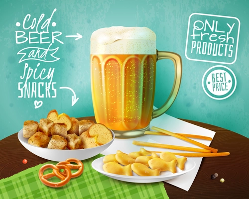 Fresh products advertising background with mug of cold beer  and bowls with crackers and snacks realistic vector illustration