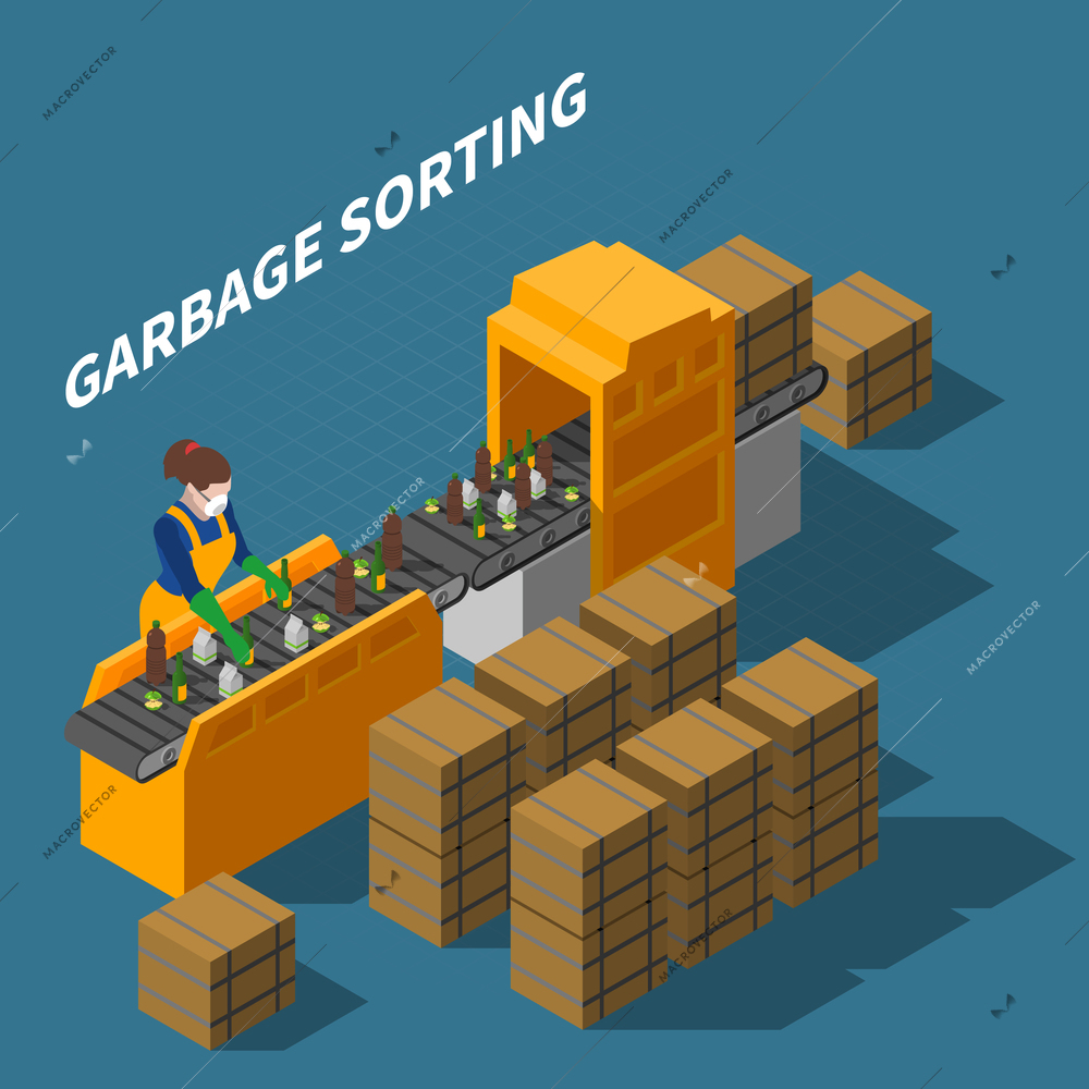 Garbage recycling isometric composition with female worker in uniform and automatic conveyor with waste and text vector illustration