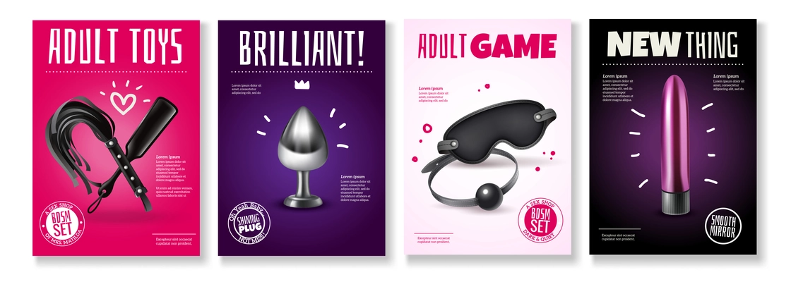 Sex toys poster set with advertising captions and accessories for adult games vector illustration