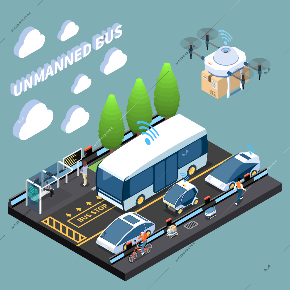 Autonomous car driverless vehicle robotic transport isometric composition with futuristic transport vehicles driven by artificial intelligence vector illustration