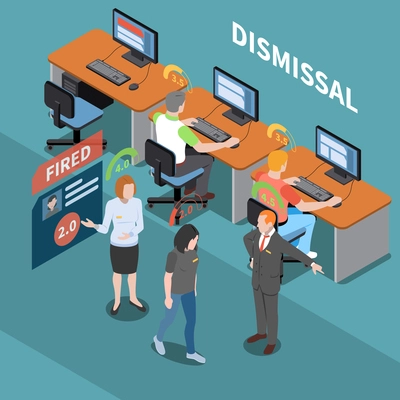 Social credit score system isometric composition with office environment and characters of workers with rating pictograms vector illustration