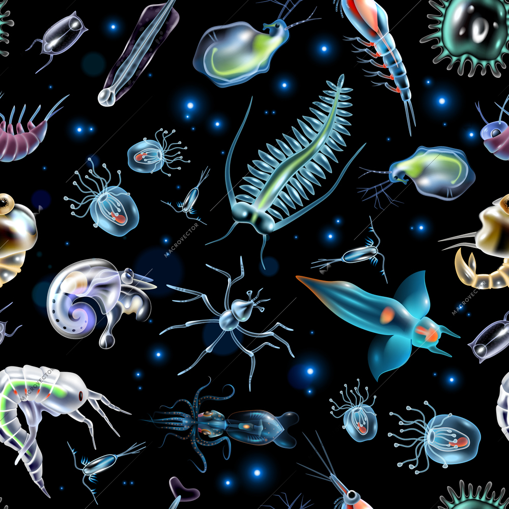 Colorful abstract pattern consisting of glowing lights and luminescent images of marine plankton on dark background vector illustration