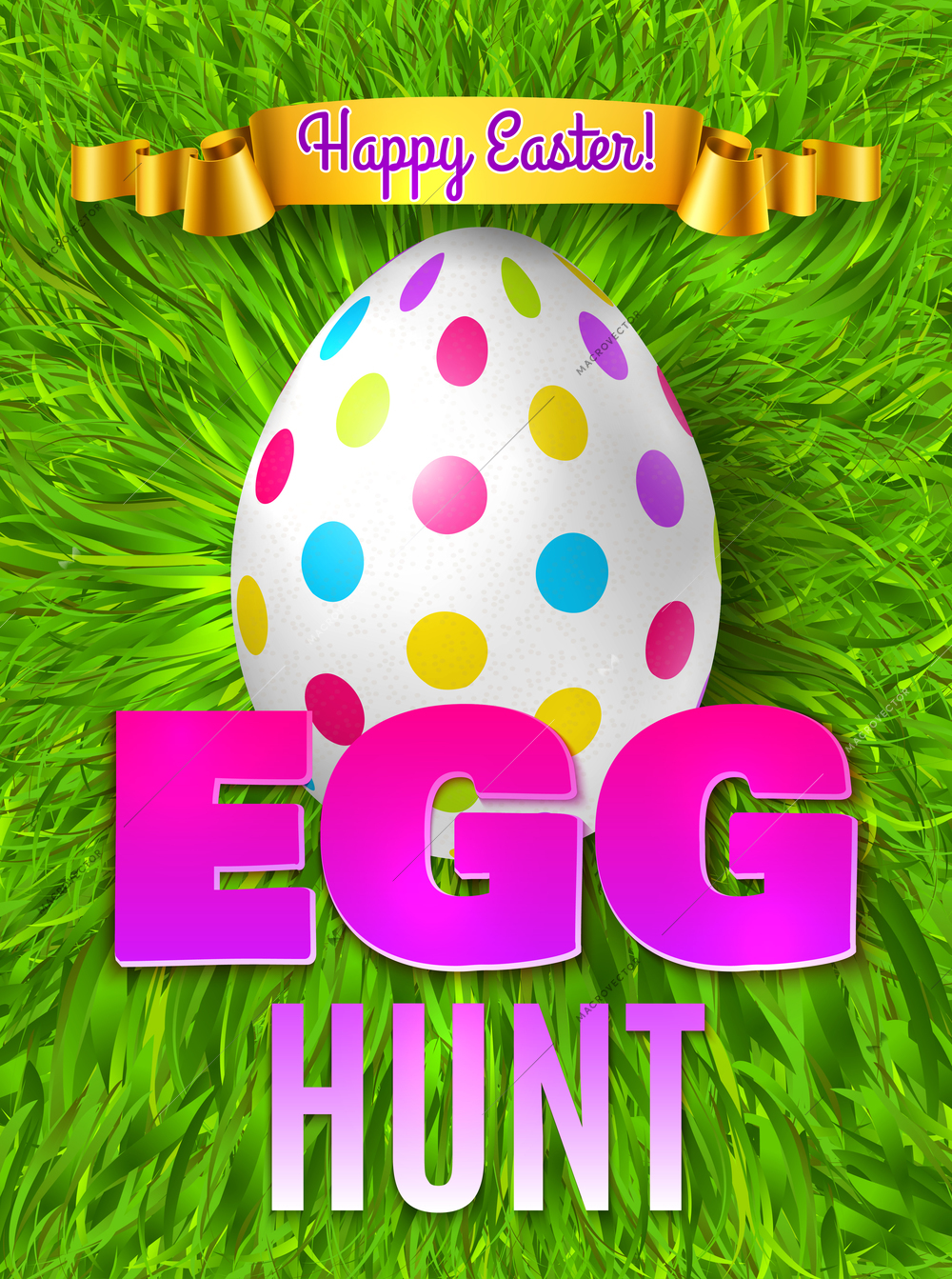 Easter egg hunt festive poster background with editable colourful text grass surface egg and golden ribbon vector illustration