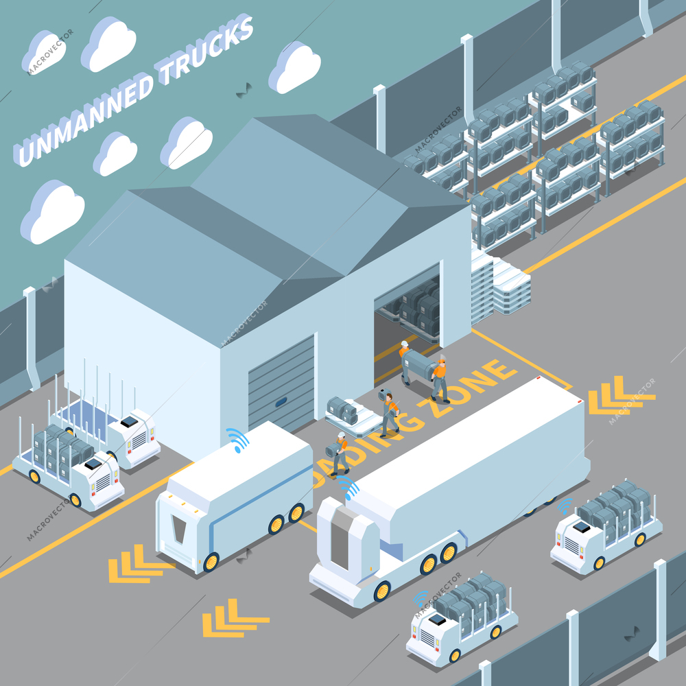 Autonomous car driverless vehicle robotic transport isometric composition with unmanned trucks being loaded by warehouse workers vector illustration