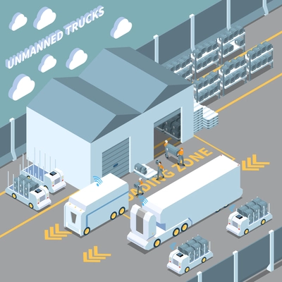 Autonomous car driverless vehicle robotic transport isometric composition with unmanned trucks being loaded by warehouse workers vector illustration