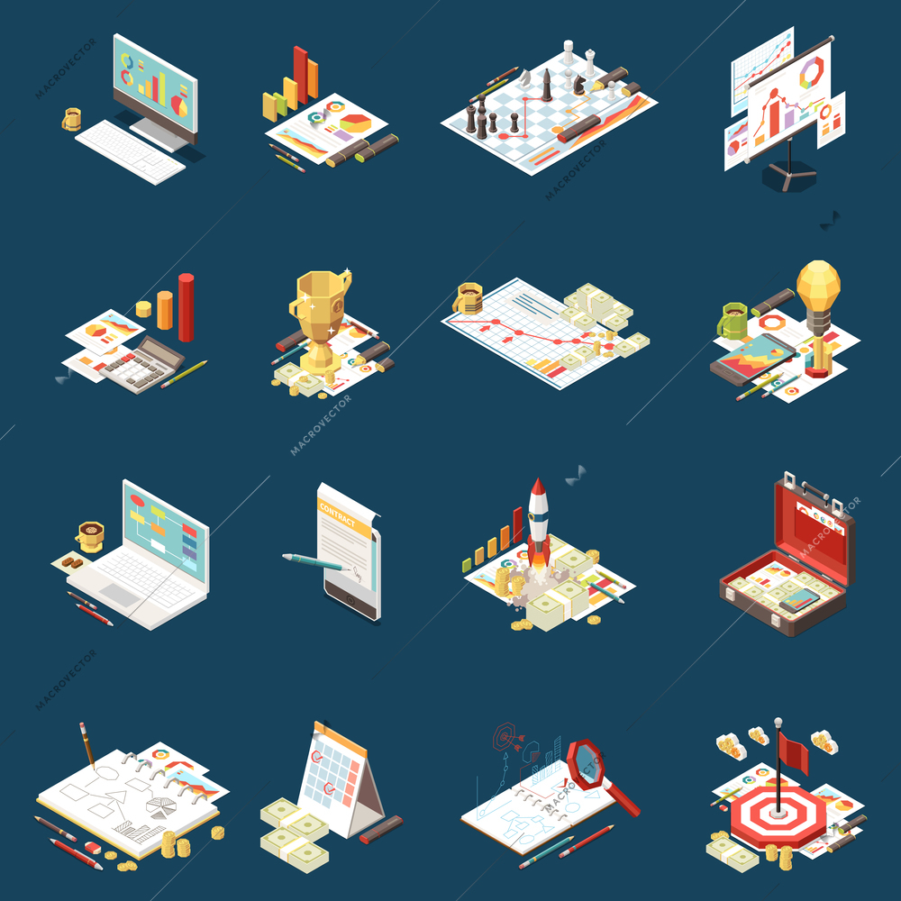 Business strategy isometric icon set isolated different elements on the theme and abstract compositions vector illustration