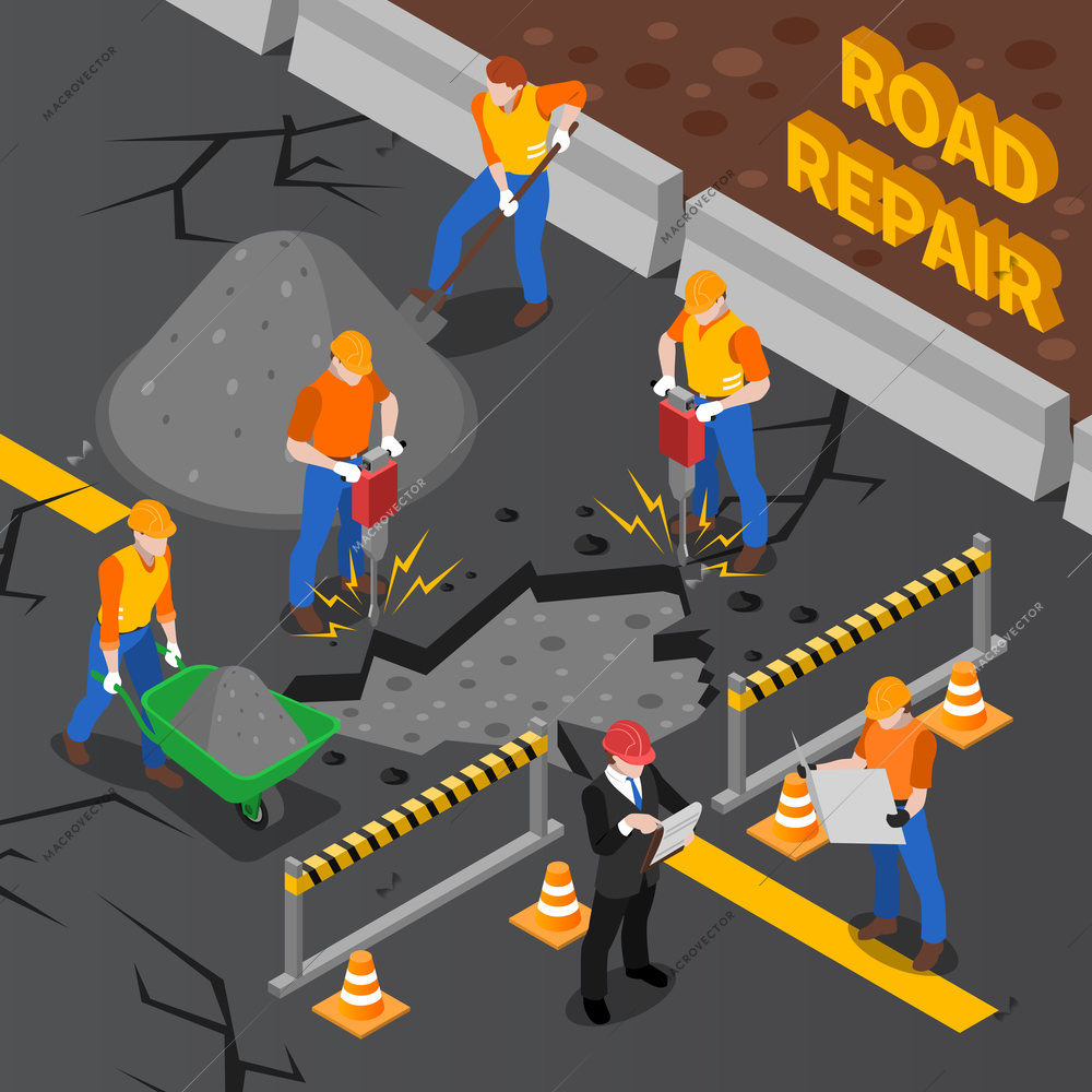 Worker people isometric composition with brigade of road workers performing different tasks on motorway with text vector illustration