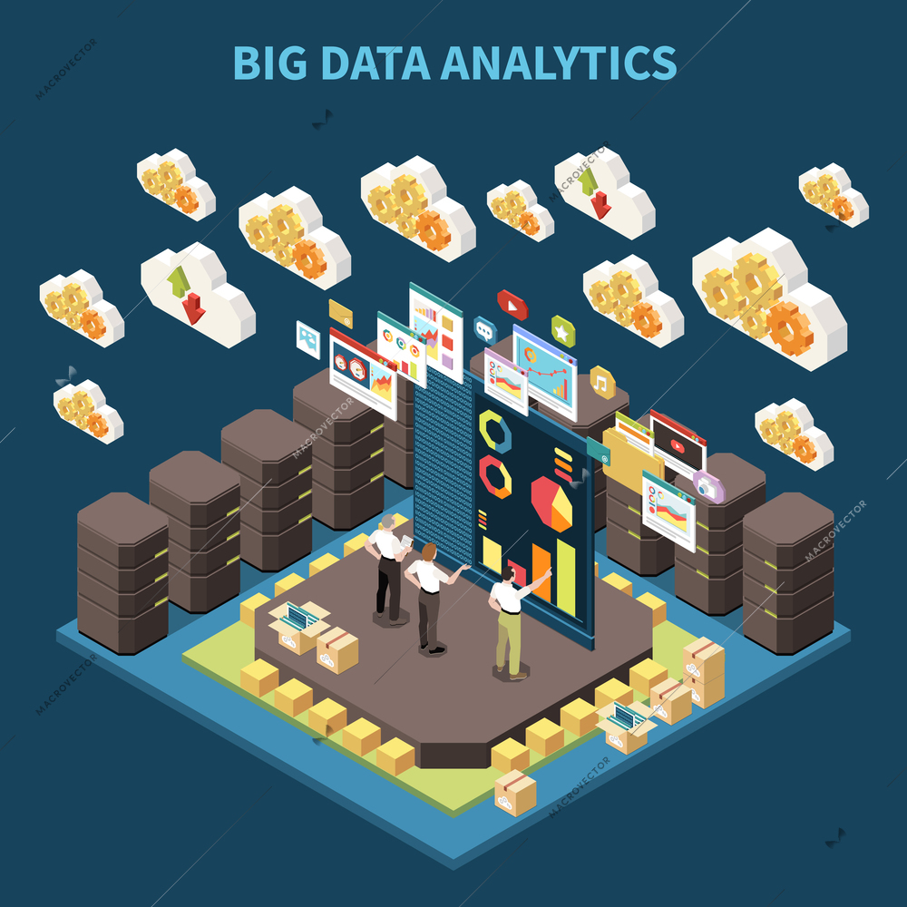 Isometric big data analytics composition with team on brainstorming and data clouds in the air vector illustration