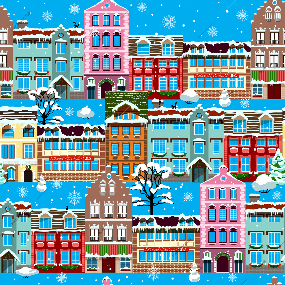 Winter houses in snow seamless pattern vector illustration