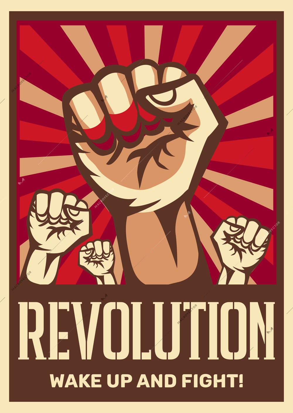 Raised fist vintage constructivist revolution communism promoting poster symbolizing unity solidarity with oppressed people fight vector illustration