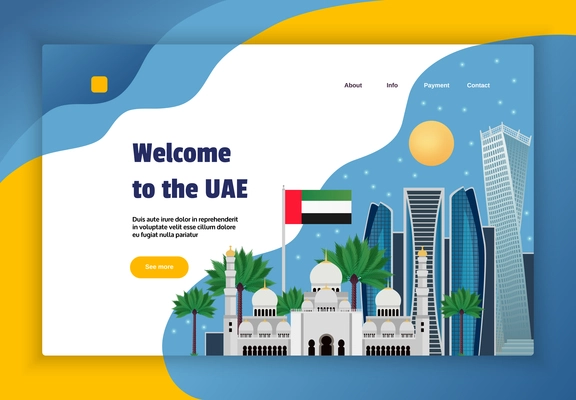 UAE online travel agency website concept banner with flag mosque science fiction style architecture flat vector illustration