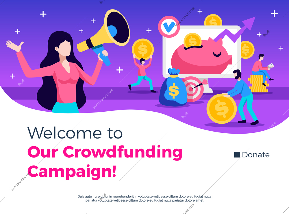 Crowdfunding campaign advertising consulting promotion symbols flat banner website home page design with donate button vector illustration