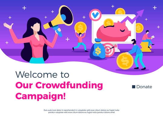 Crowdfunding campaign advertising consulting promotion symbols flat banner website home page design with donate button vector illustration