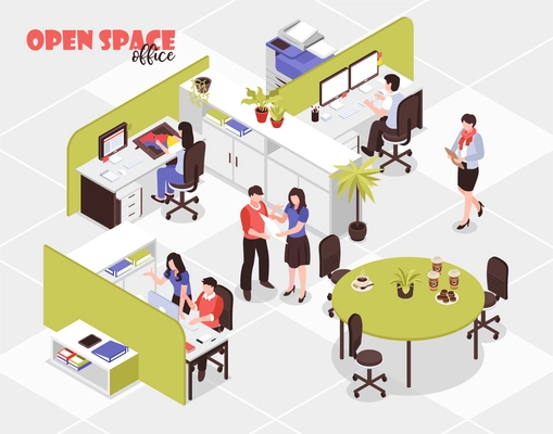 People working in big open spare office in advertising agency 3d isometric vector illustration