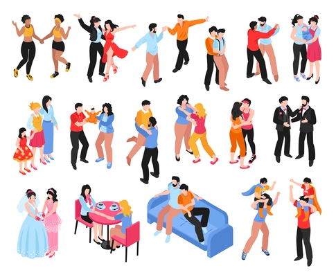 Isometric set of icons with homosexual gay and lesbian couples and families with children isolated on white background 3d vector illustration