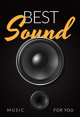 Realistic loud speaker advertising poster with white yellow inscription best sound on black background vector illustration