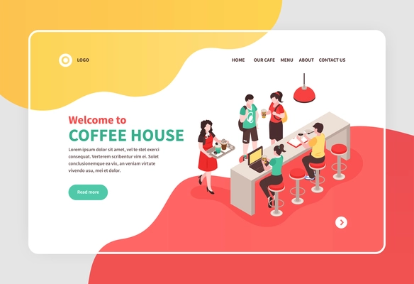 Isometric banner with barista and people eating at bar counter in coffee house 3d vector illustration