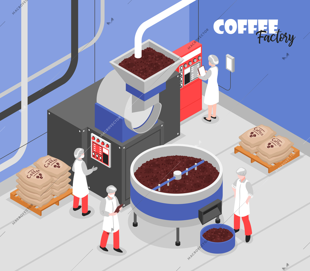 Coffee production process special machinery and factory workers 3d isometric vector illustration