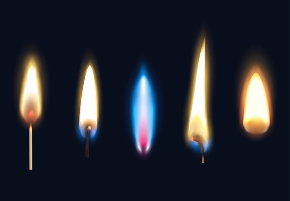 Set of realistic burning flames of matches candles and lighter isolated on black background vector illustration