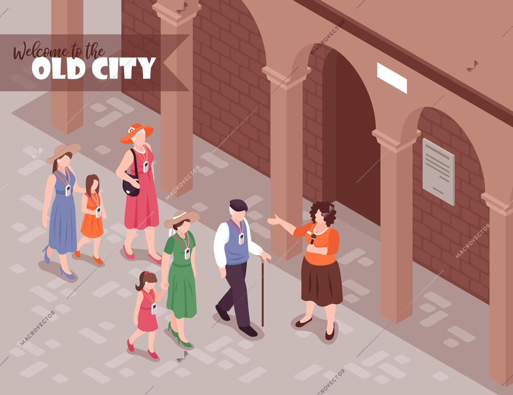 Tourists listening to female guide on excursion around old town 3d isometric vector illustration