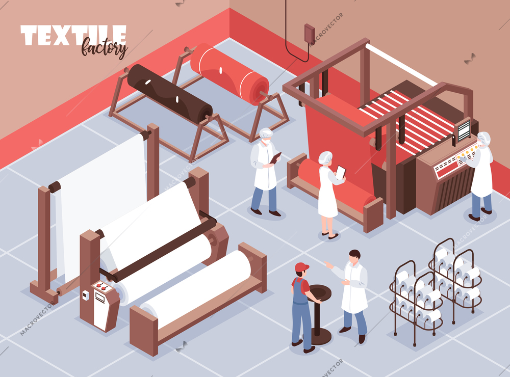 Textile factory staff and various weaving machines 3d isometric vector illustration