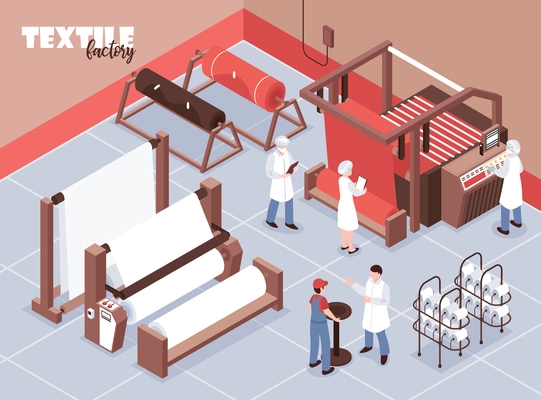 Textile factory staff and various weaving machines 3d isometric vector illustration
