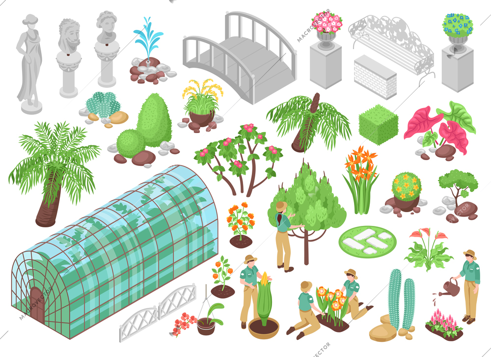 Isometric icons set with various trees plants flowers and decorations for botanical garden isolated on white background 3d vector illustration