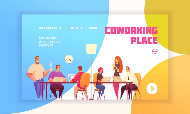 Coworking place landing page concept for website with coworkers in shared working environment and contact information about firm flat vector illustration