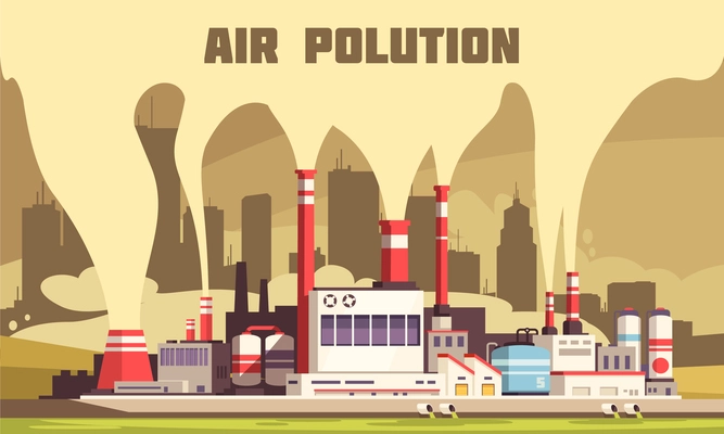 Air pollution flat composition with harmful emissions from tubes of big energy plant vector illustration