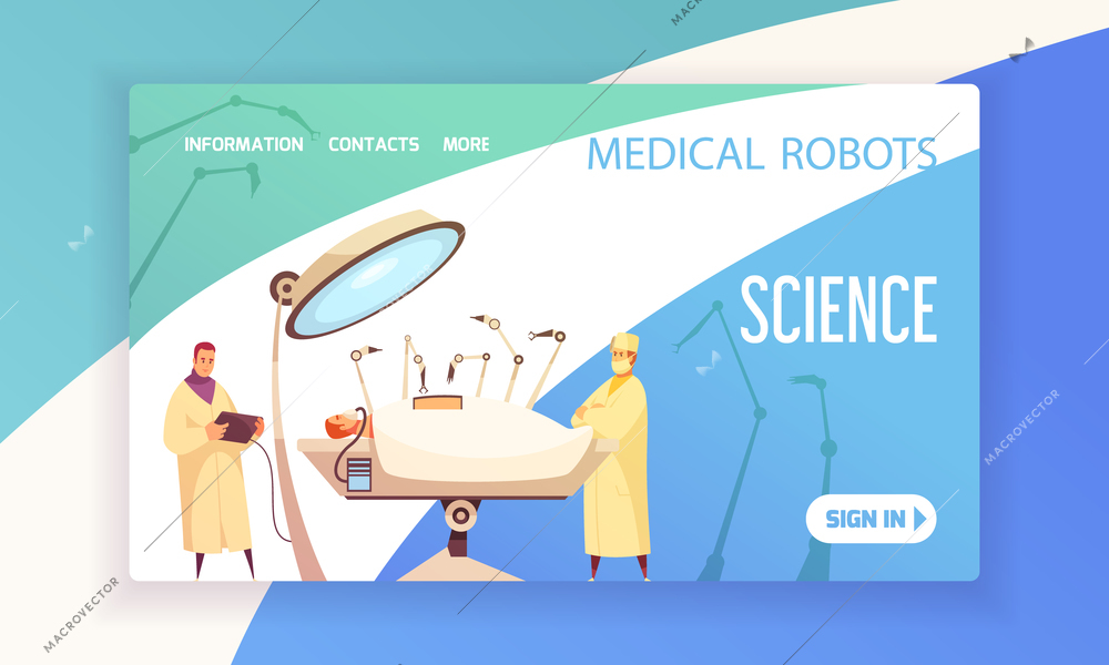 Medical robots landing page with surgeons in operating room equipped with modern devices vector illustration