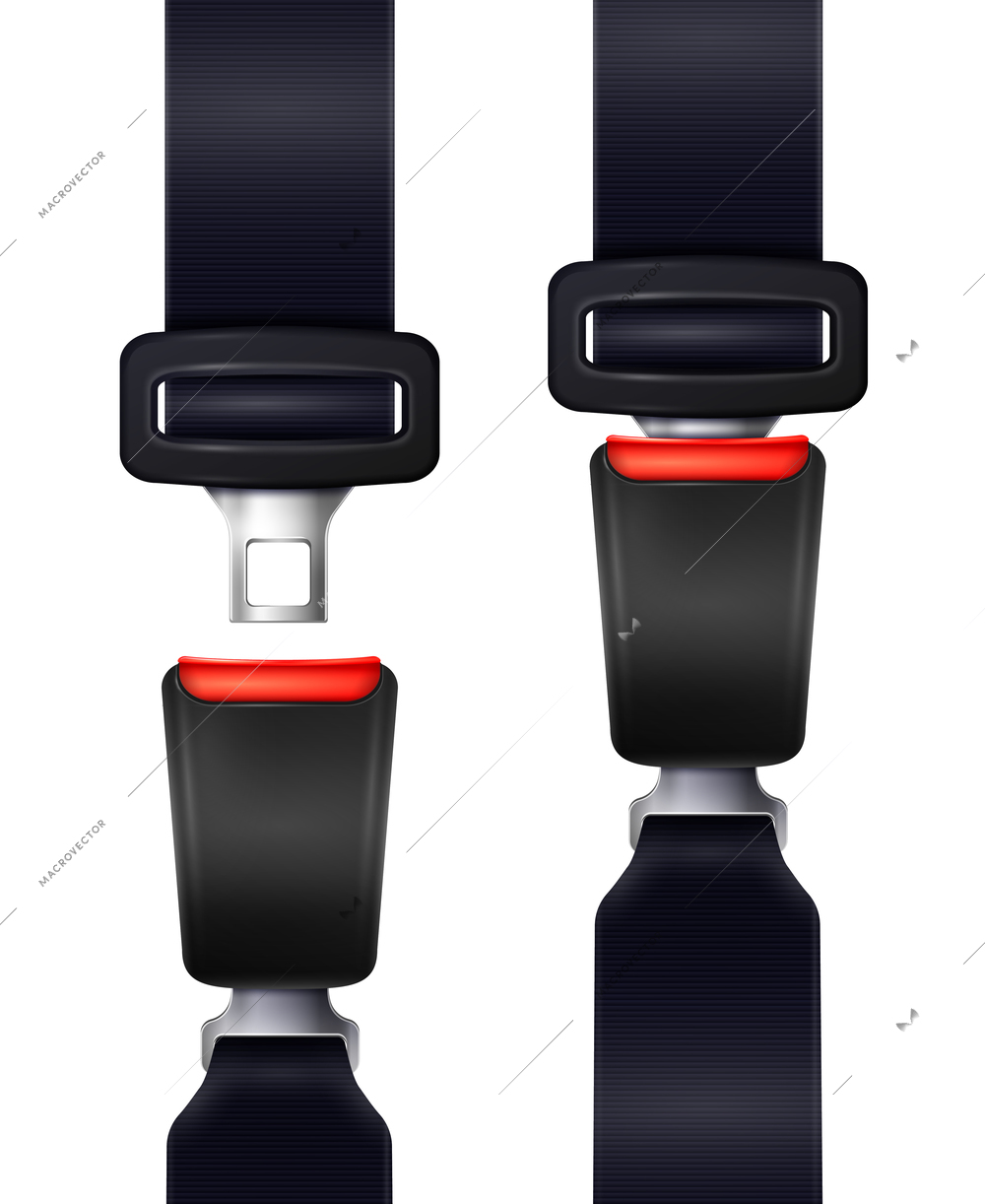 Set of realistic automobile seat belts in fixed and unblocked view isolated on white background vector illustration