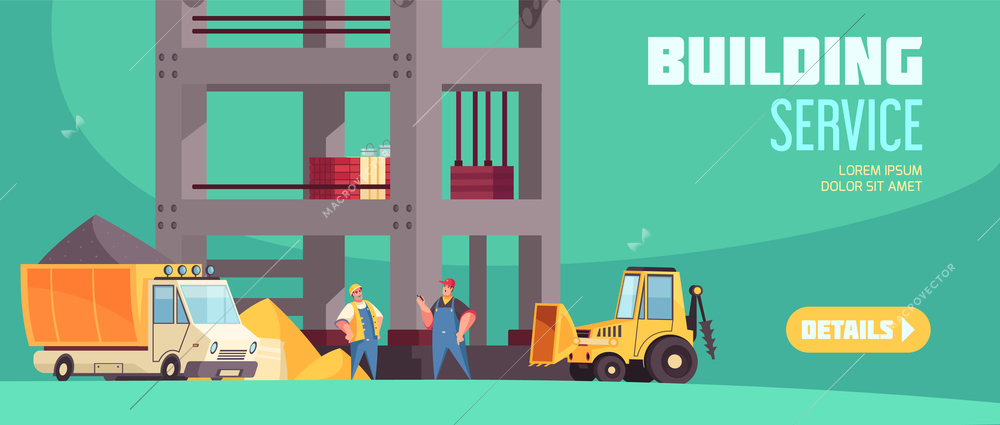 Building service horizontal web banner with truck of concrete tractor with bucket and workers at building construction flat vector illustration