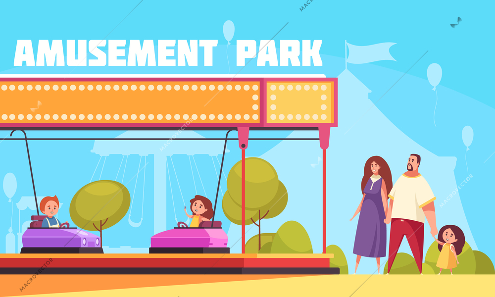 Amusement park horizontal vector illustration with mother father and kids cartoon characters coming for family vacation