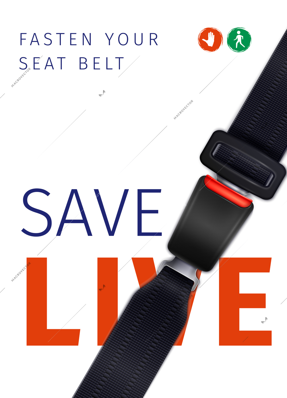 Realistic seat belt social ad poster of safe trip on white background with road signs vector illustration