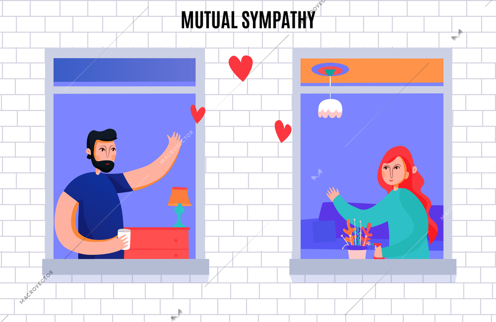 Mutual sympathy between man and woman composition with neighbors waving each other from windows vector illustration