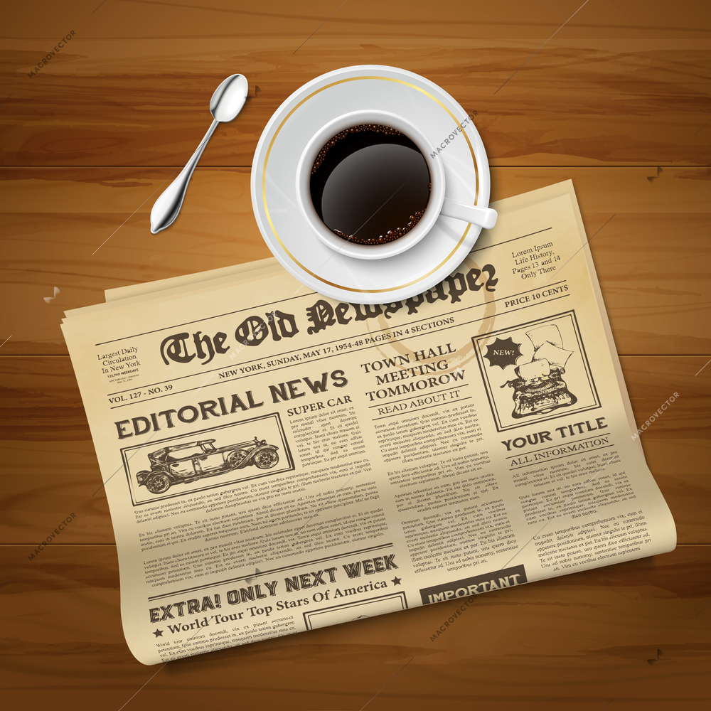 Old morning newspaper with cup of black coffee classic ritual realistic top view vintage image vector illustration