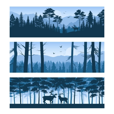 Set of horizontal banners realistic forest landscapes with deers and birds in sky isolated vector illustration