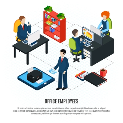 Business people isometric flowchart composition with editable text and human characters of office workers and furniture vector illustration