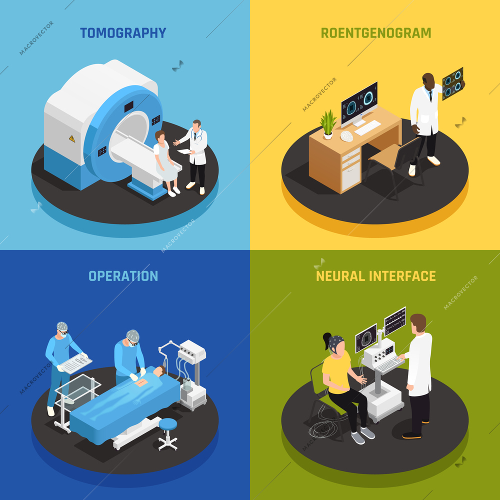 Neurology concept icons set with neural interface symbols isometric isolated vector illustration