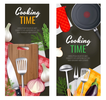 Kitchen utensils vertical banners set with cooking time symbols realistic isolated vector illustration