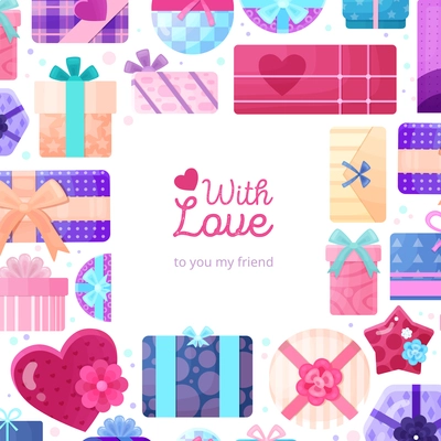Romantic gifts presents packaging flat frame with rectangular round square and love heart shaped boxes vector illustration