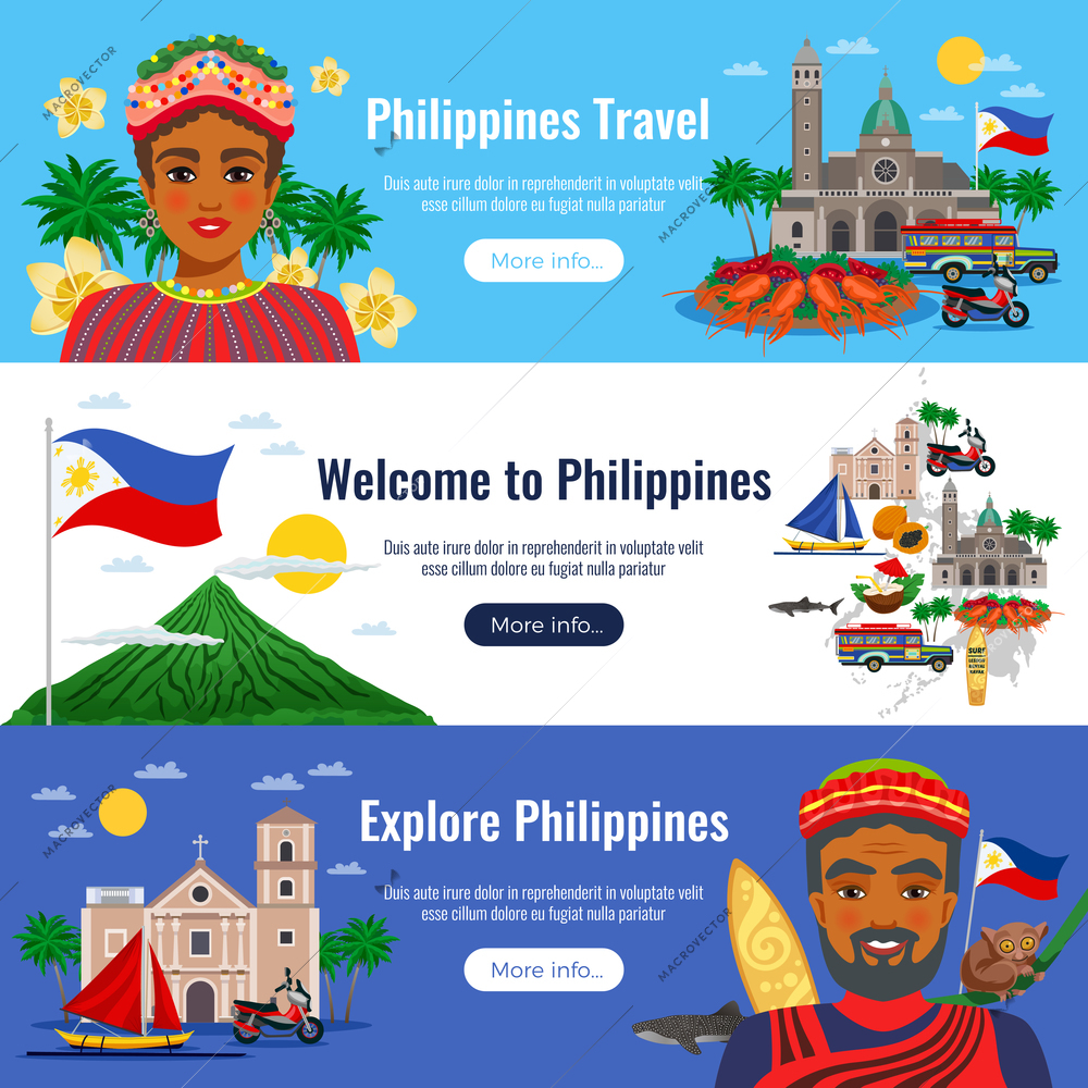Philippines set of horizontal banners with travel objects and landmarks on blue white background isolated vector illustration