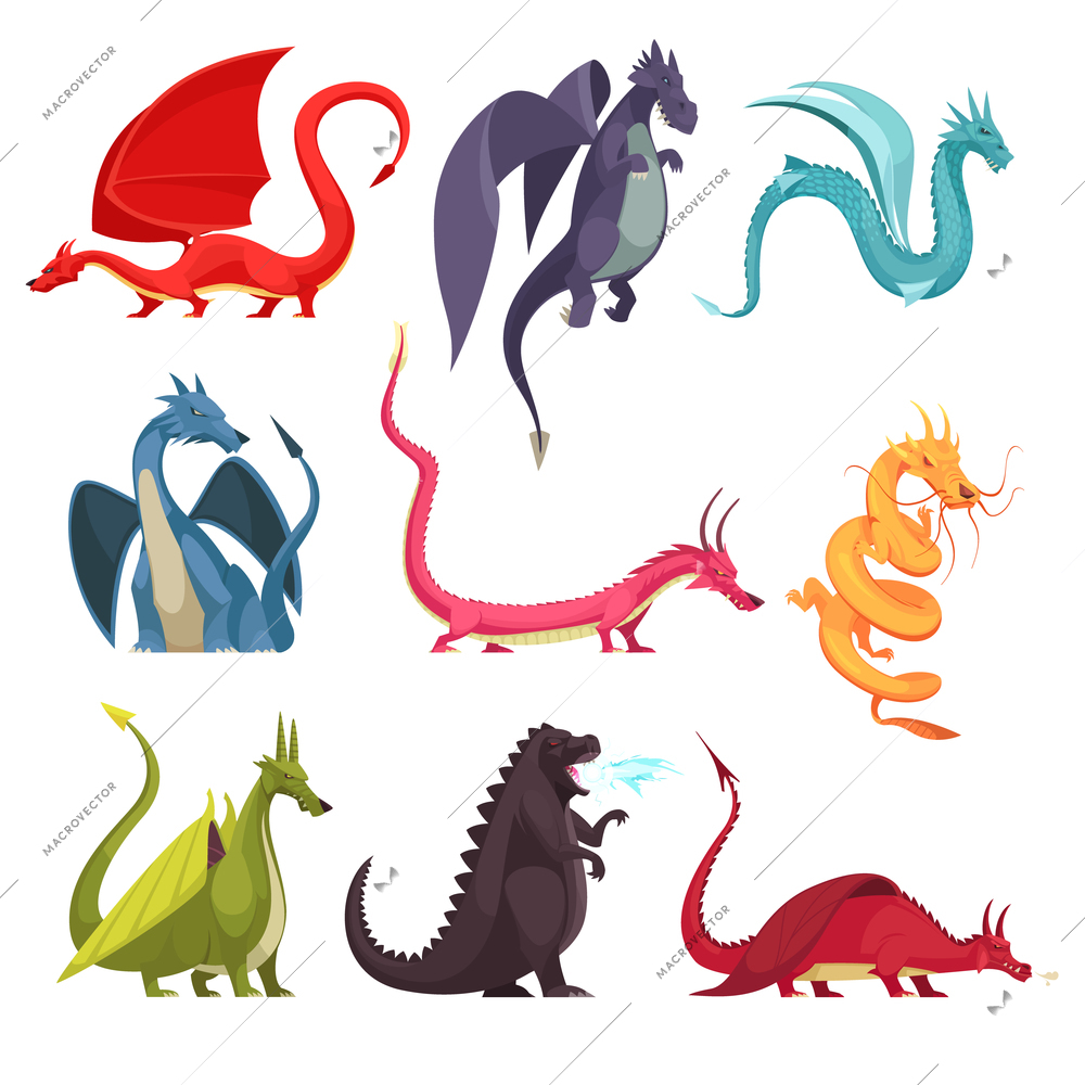 Funny colorful fire breathing dragons monsters weird snake like creatures flat cartoon icons set isolated vector illustration