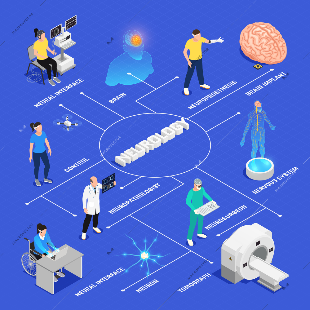 Neurology and neural surgery isometric flowchart with neural research symbols vector illustration