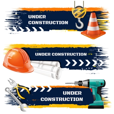 Under construction grunge banners with road barrier protective helmet hook of elevating crane realistic icons vector illustration
