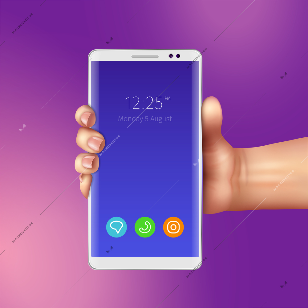 Female hand and realistic white smart phone with icons of mobile apps on screen vector illustration